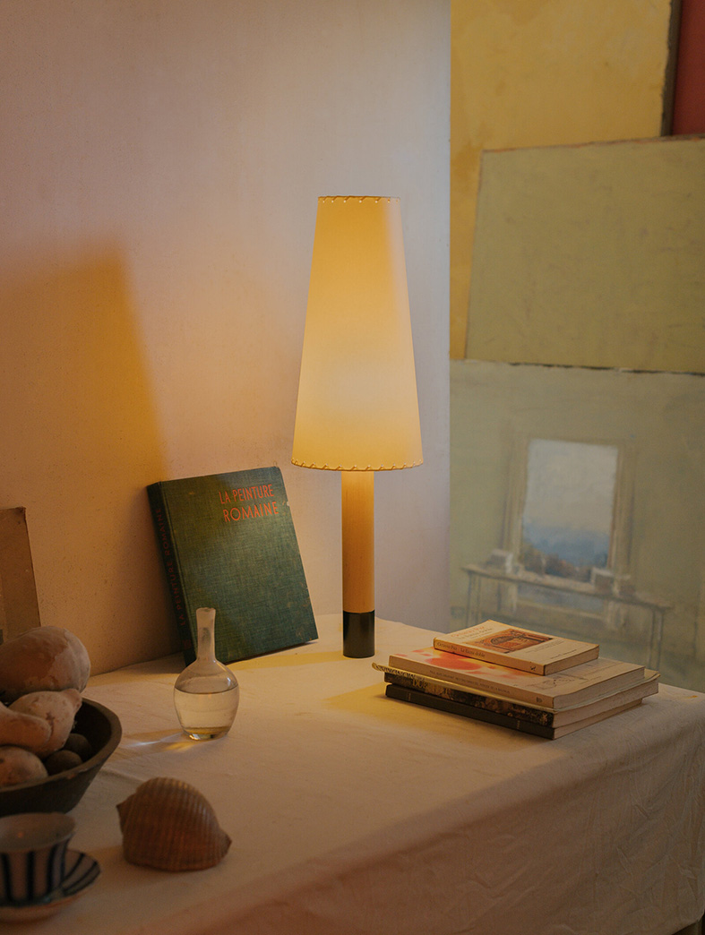 Basica M2 Table Lamp, Stitched Beige Parchment Lampshade/Bronze Base