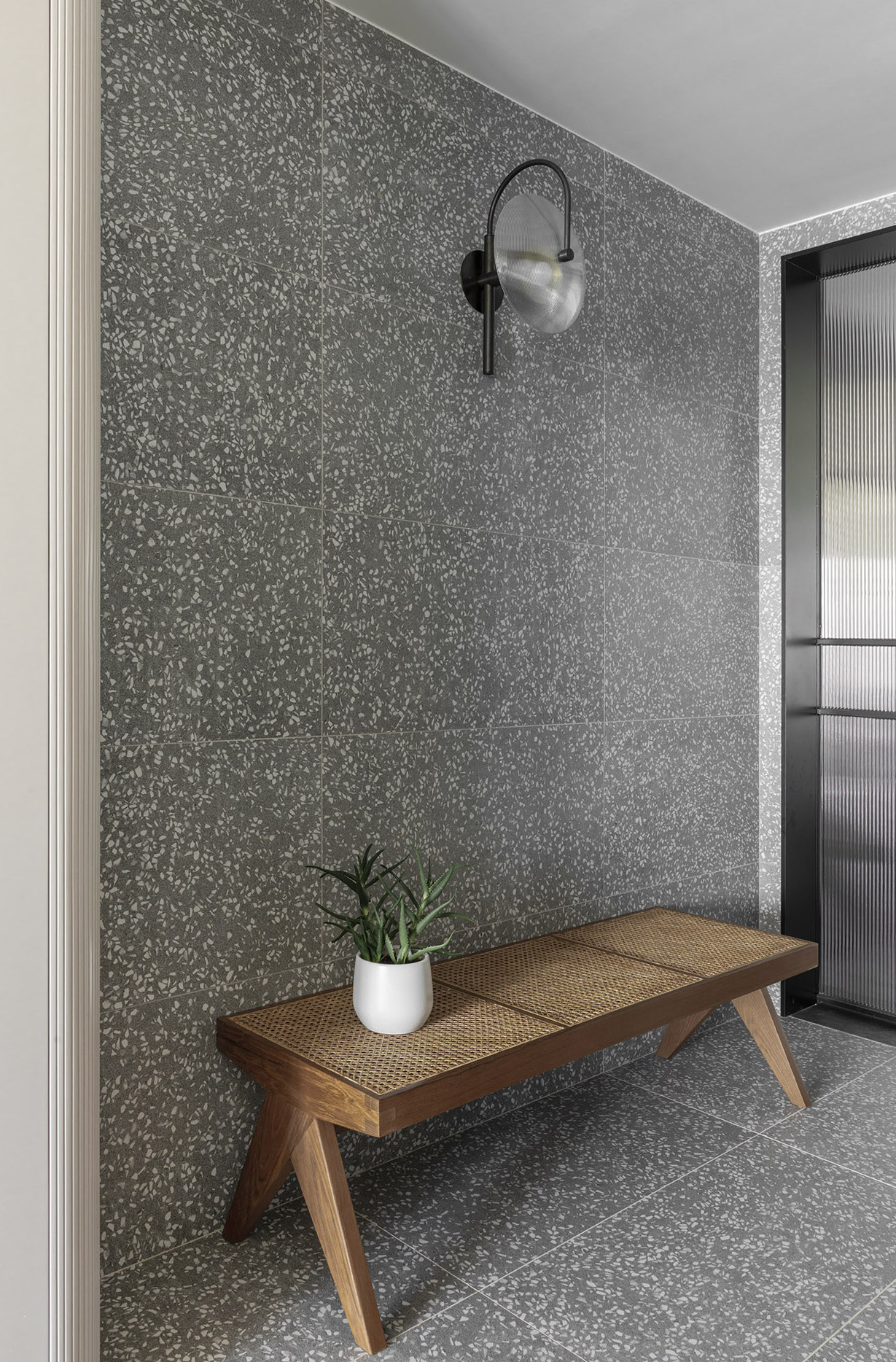 Teak and Cane Bench, Natural Teak / Dark Stained Teak