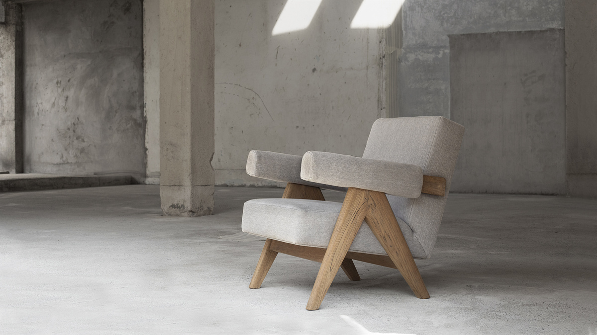 Upholstered Easy Armchair, Natural Teak / Dark Stained Teak