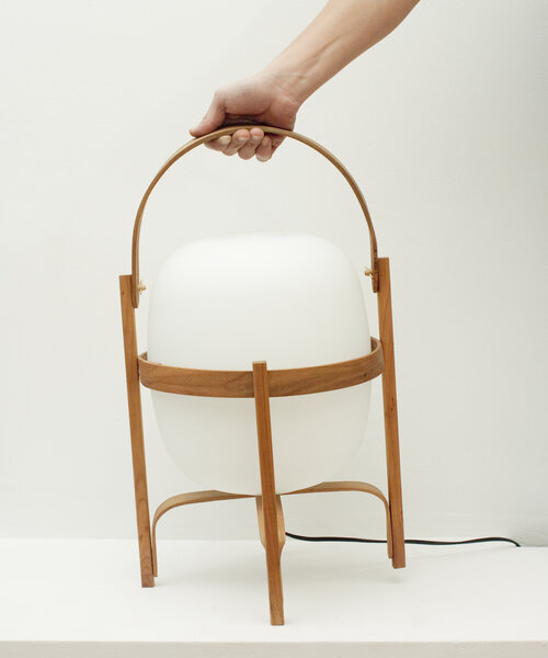 Cesta Table Lamp, Cherry Wood Structure/white opal glass lampshade