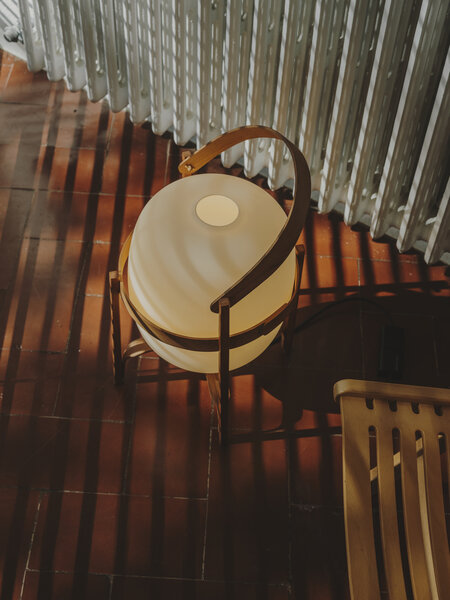 Cesta Table Lamp, Cherry Wood Structure/white opal glass lampshade
