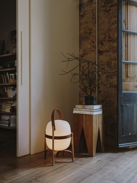 Cesta Table Lamp, Cherry Wood Structure/white opal glass lampshade