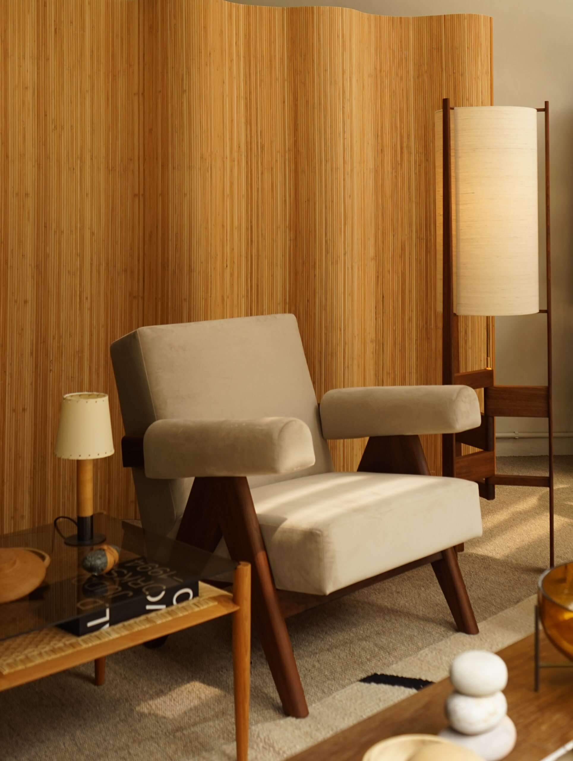 Upholstered Easy Armchair, Natural Teak / Dark Stained Teak