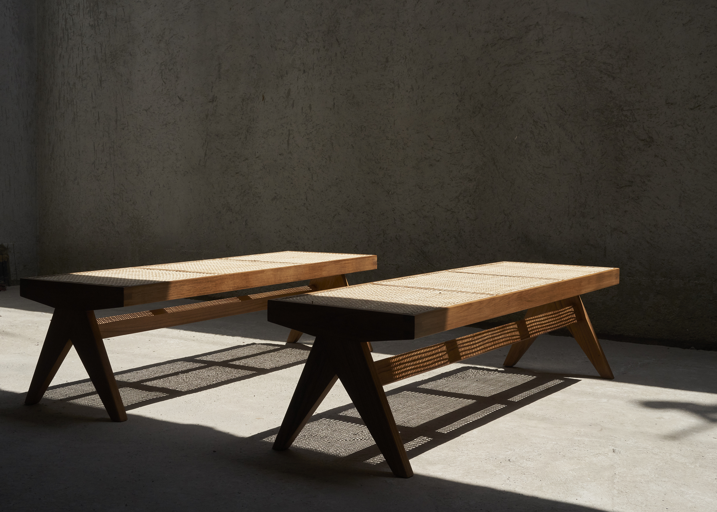 Teak and Cane Bench, Natural Teak / Dark Stained Teak