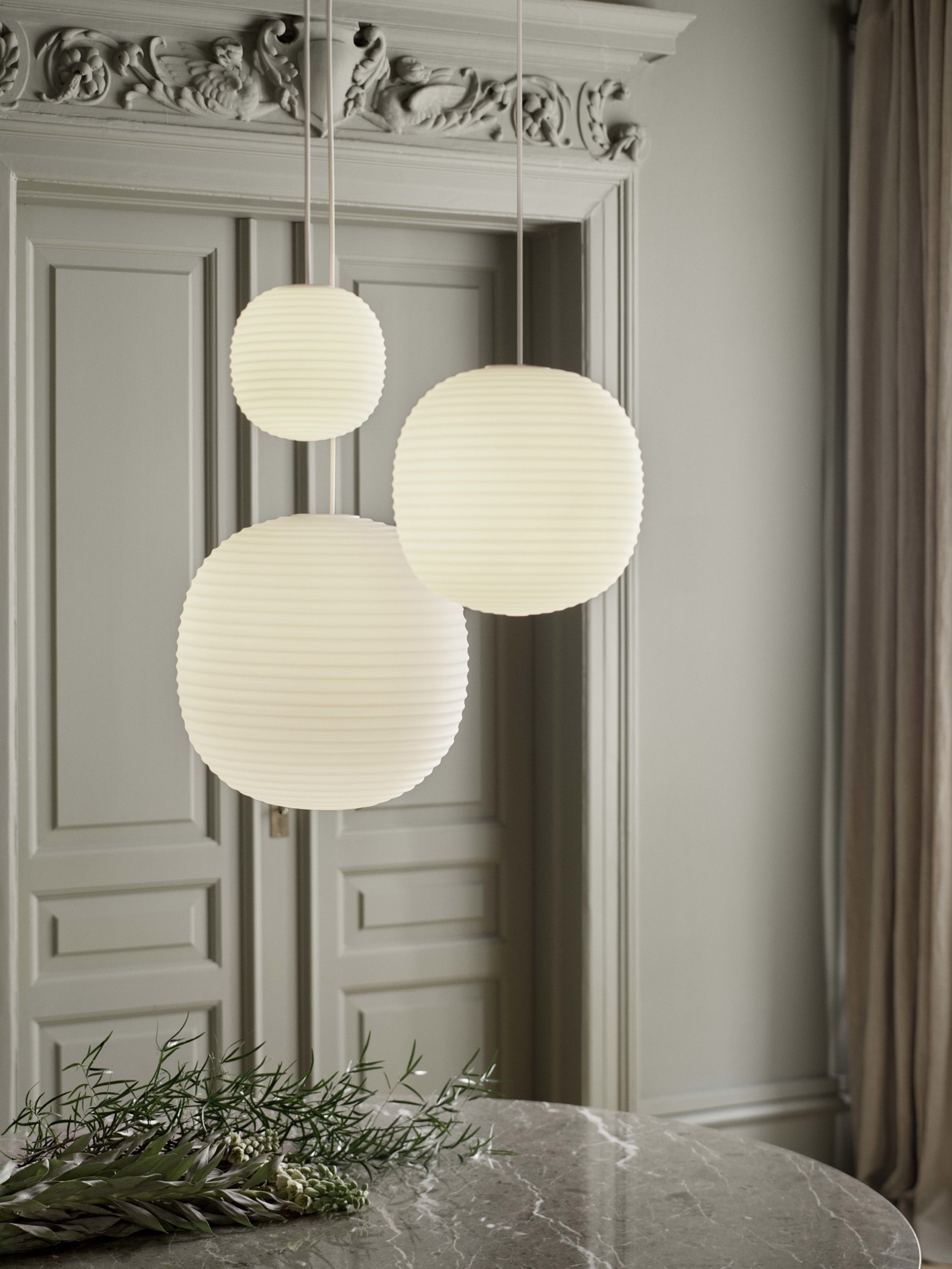 Lantern Pendant, Medium, Dia 30cm, Frosted White Opal Glass