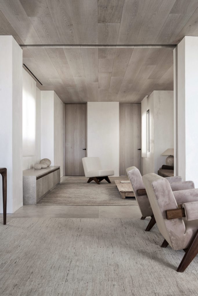 Upholstered Armless Chair, Natural Teak / Dark Stained Teak