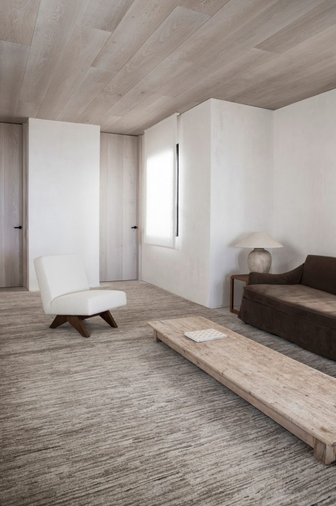 Upholstered Armless Chair, Natural Teak / Dark Stained Teak