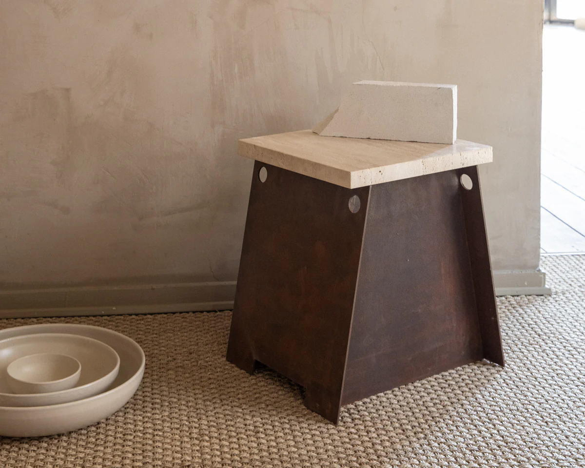 64 Plinth, Corten Steel, Travertine