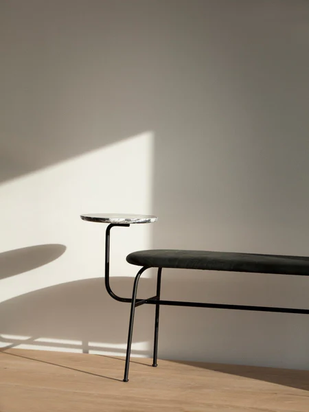 Afteroom Bench, Black Steel Base, Marquina Marble Side Table, Upholstered Seat Dunes 21003