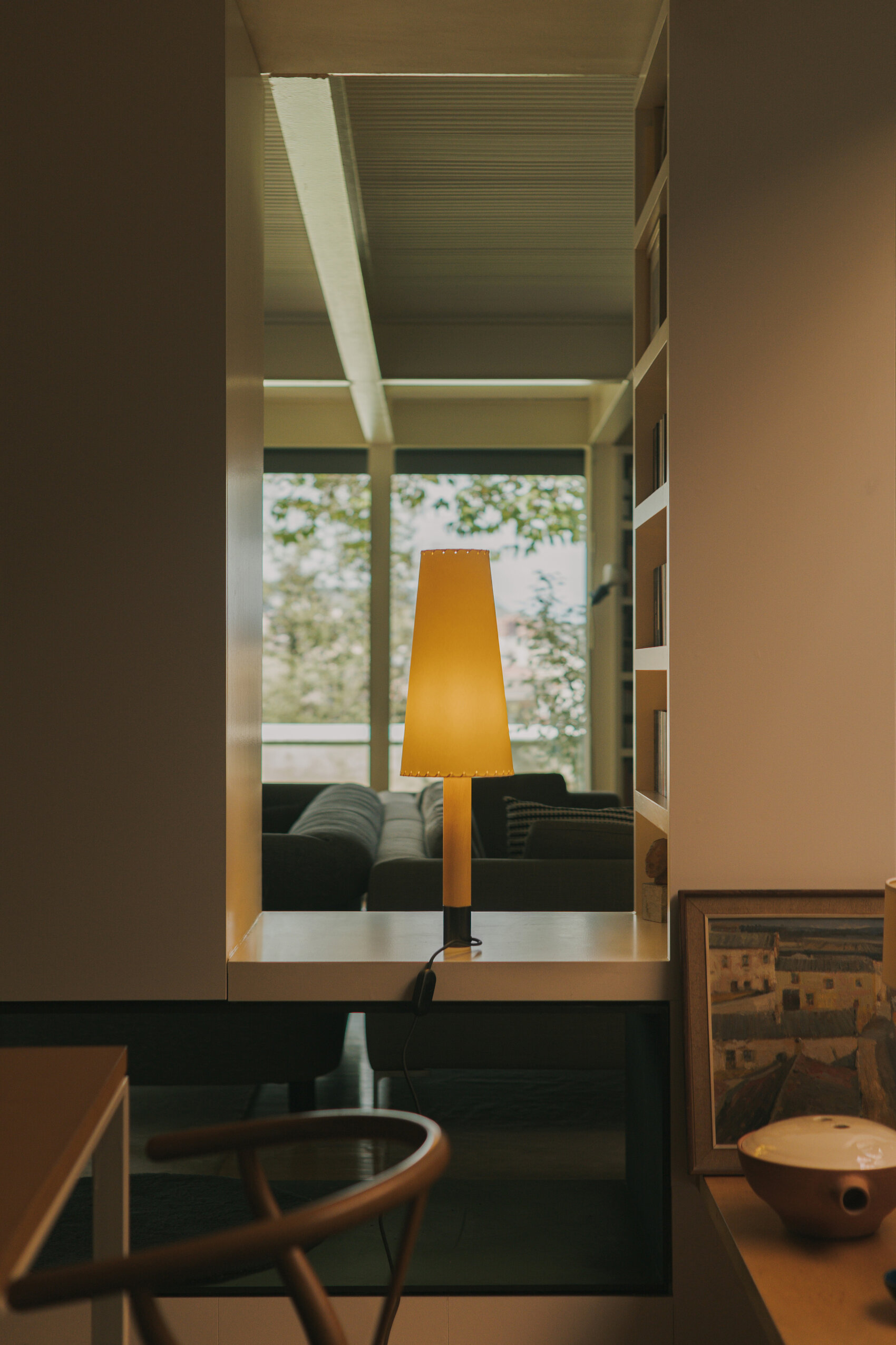 Basica M2 Table Lamp, Stitched Beige Parchment Lampshade/Bronze Base
