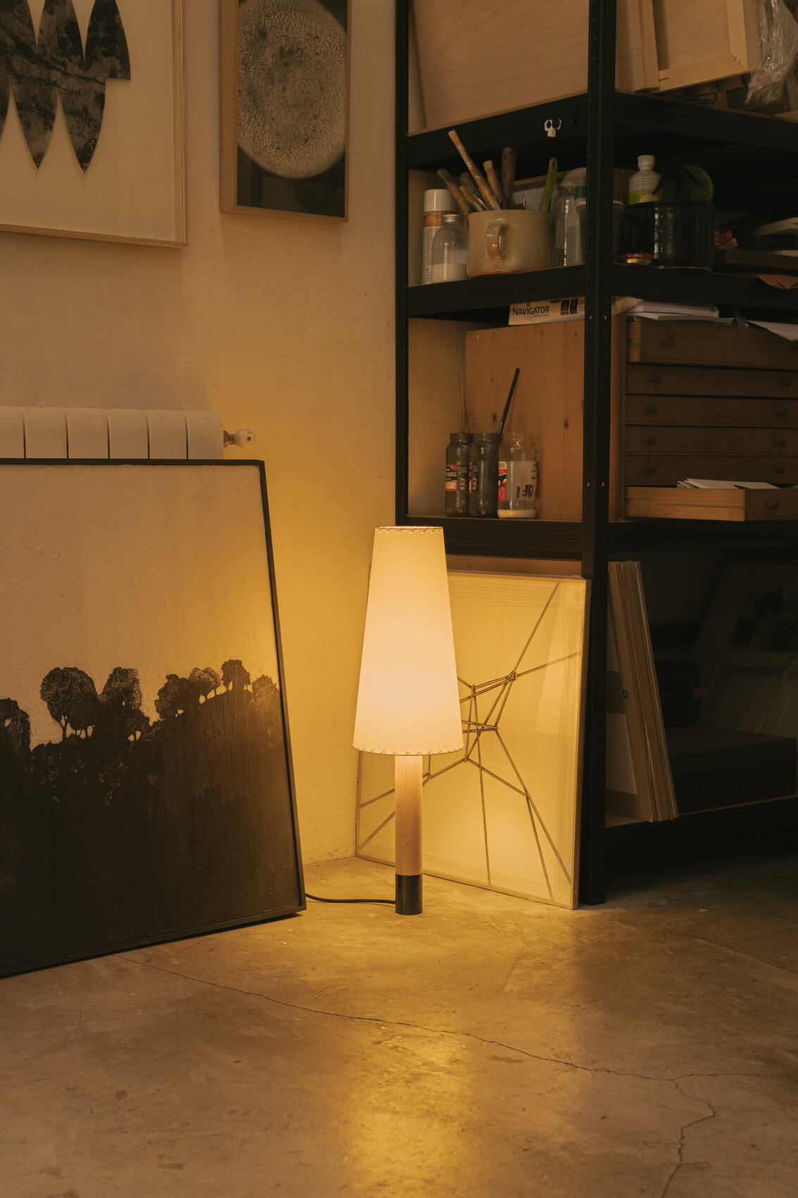 Basica M2 Table Lamp, Stitched Beige Parchment Lampshade/Bronze Base