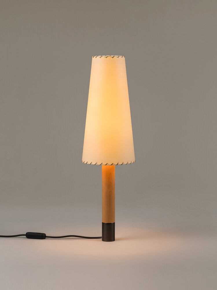 Basica M2 Table Lamp, Stitched Beige Parchment Lampshade/Bronze Base