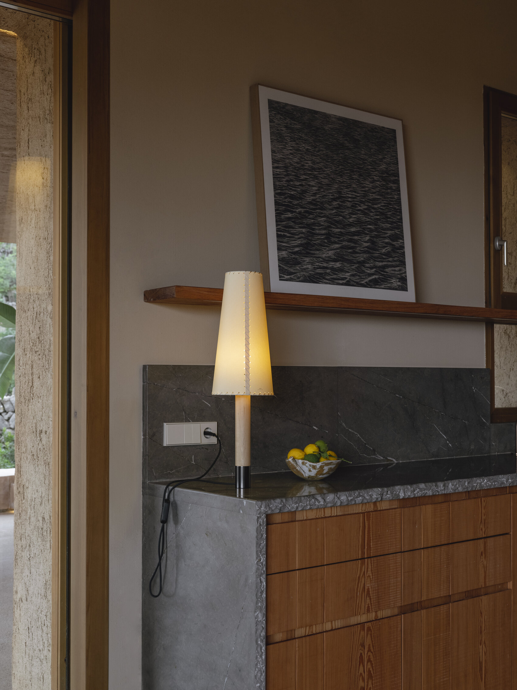 Basica M2 Table Lamp, Stitched Beige Parchment Lampshade/Bronze Base