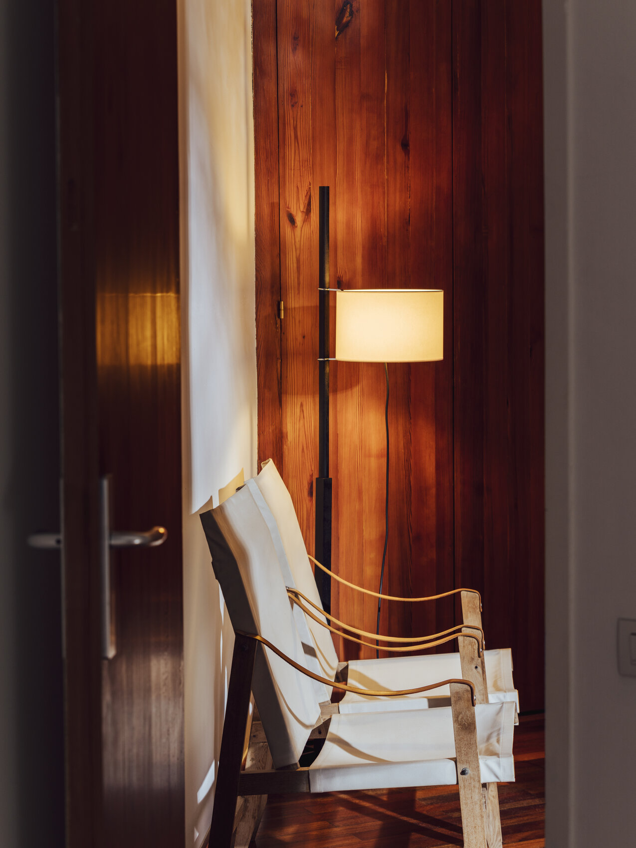 TMM Floor Lamp, Walnut Wood Structure/Beige Parchment Lampshade