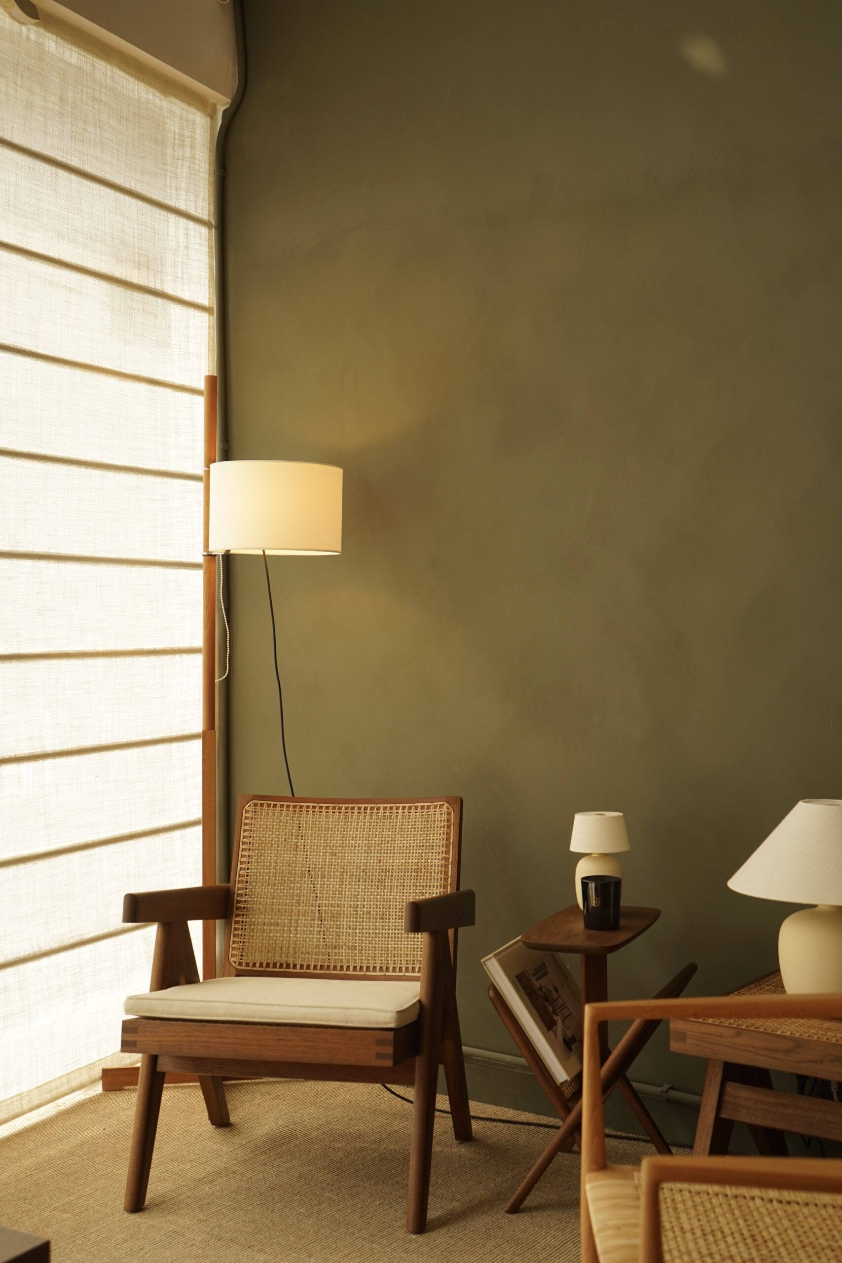 TMM Floor Lamp, Walnut Wood Structure/Beige Parchment Lampshade