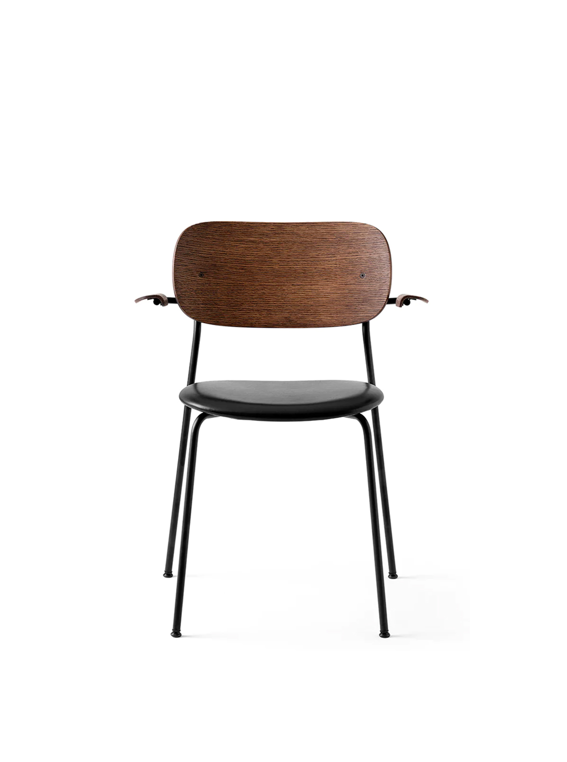 Co Dining Chair, Black Steel Base, Upholstered Seat Dakar 0842, Dark Stained Oak Back and Arms