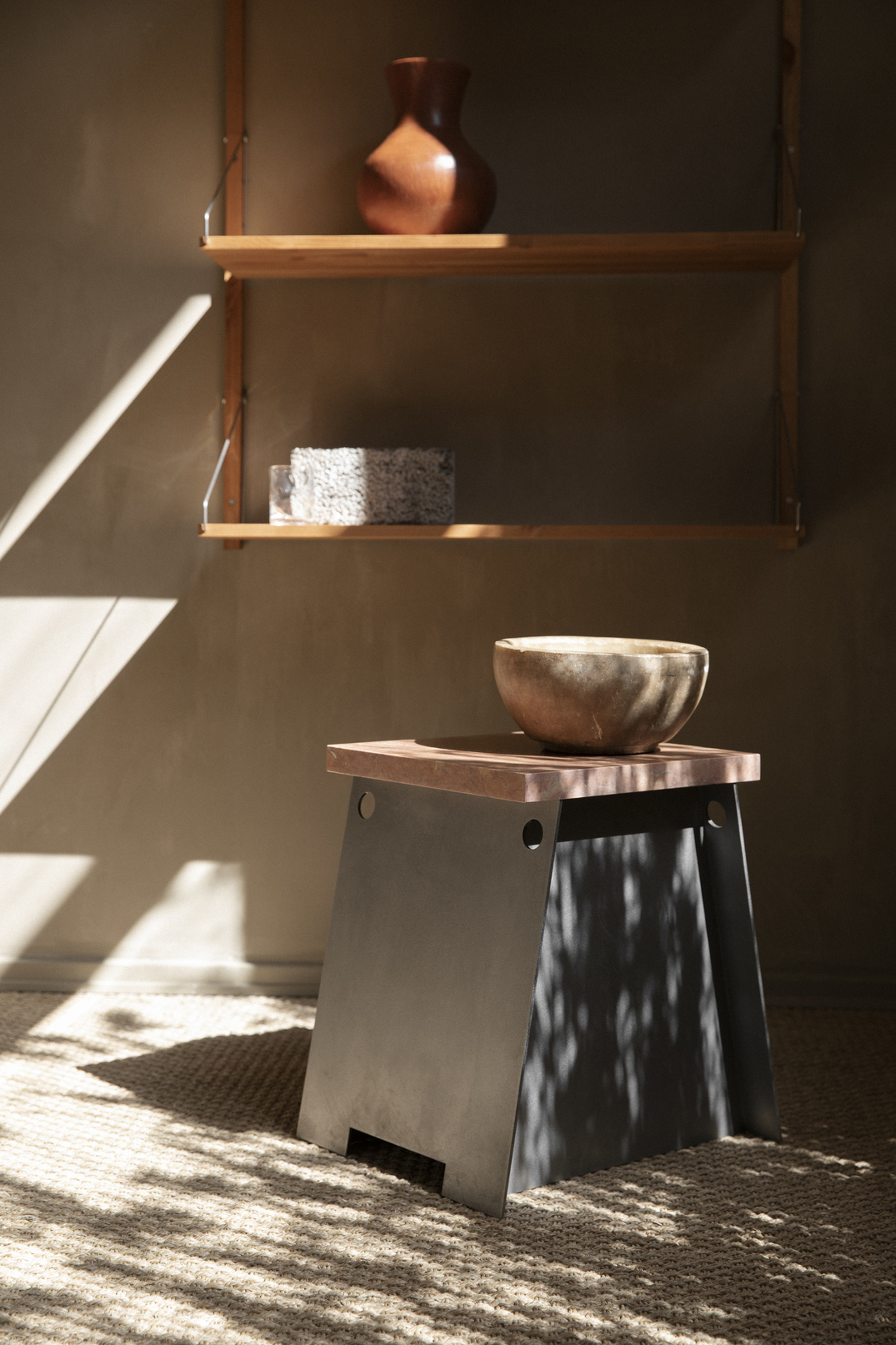 64 Plinth, Corten Steel, Travertine