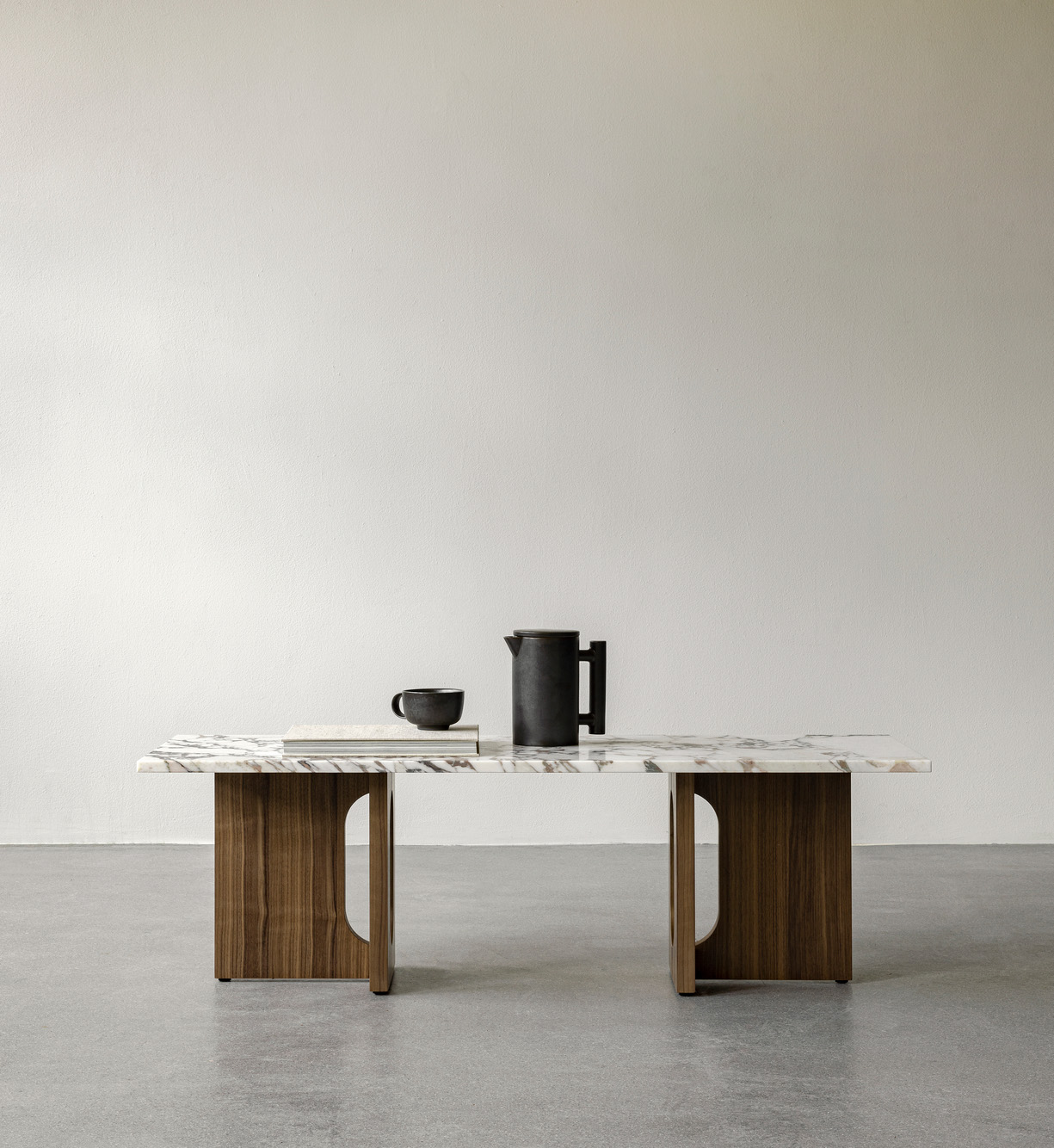 Androgyne Lounge Table, Walnut Base, Calacatta Viola Table Top