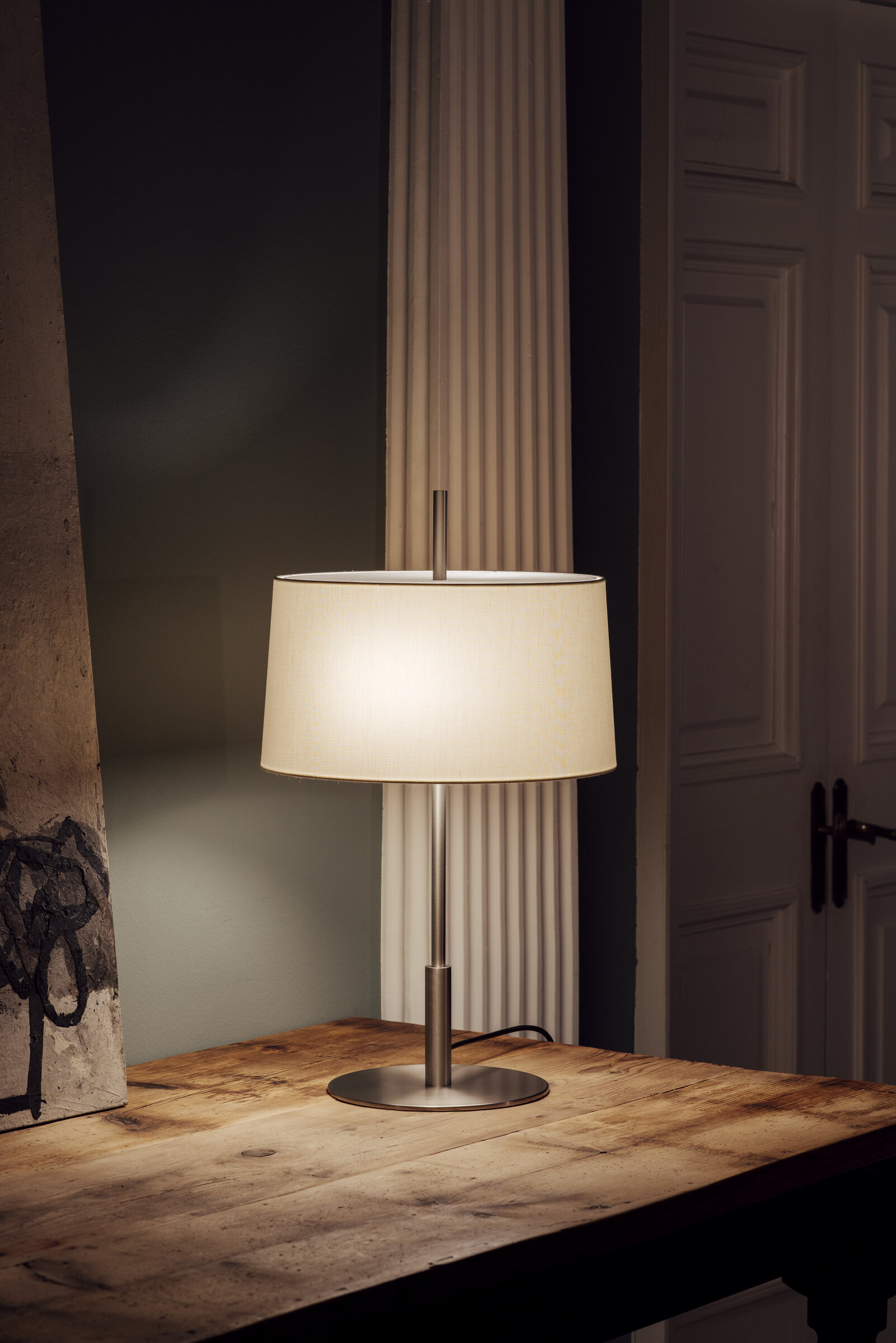 Diana Menor Table Lamp, Satin Nickel Structure/White Linen Lampshade