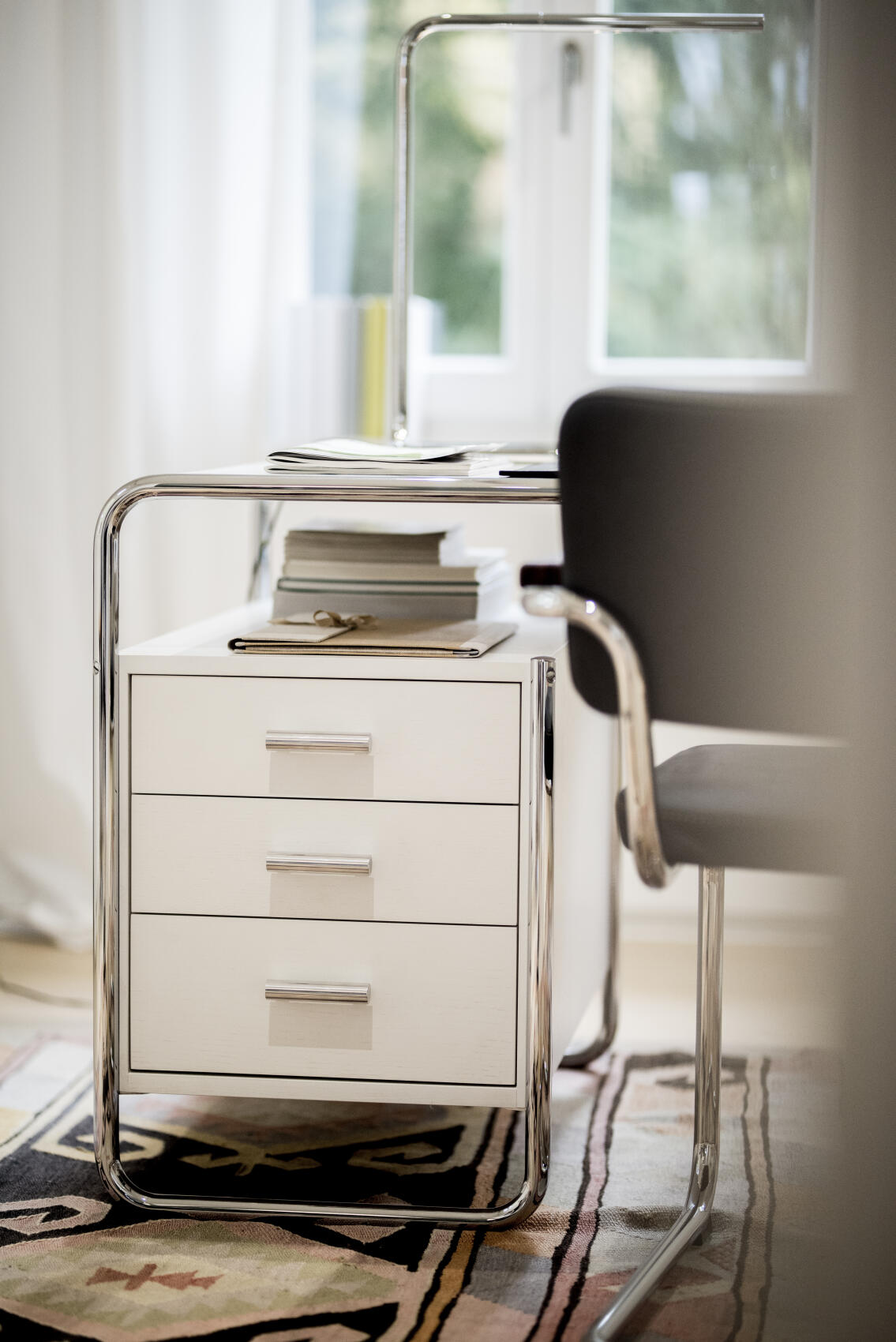 S 285 Writing Desk, Chrome-plated Frames, Beech Stained Tabletop