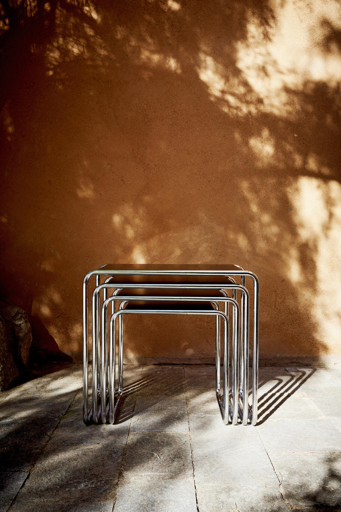 Set B 9 A+B Side Tables, Chrome-plated Frames, Beech Stained Tabletop