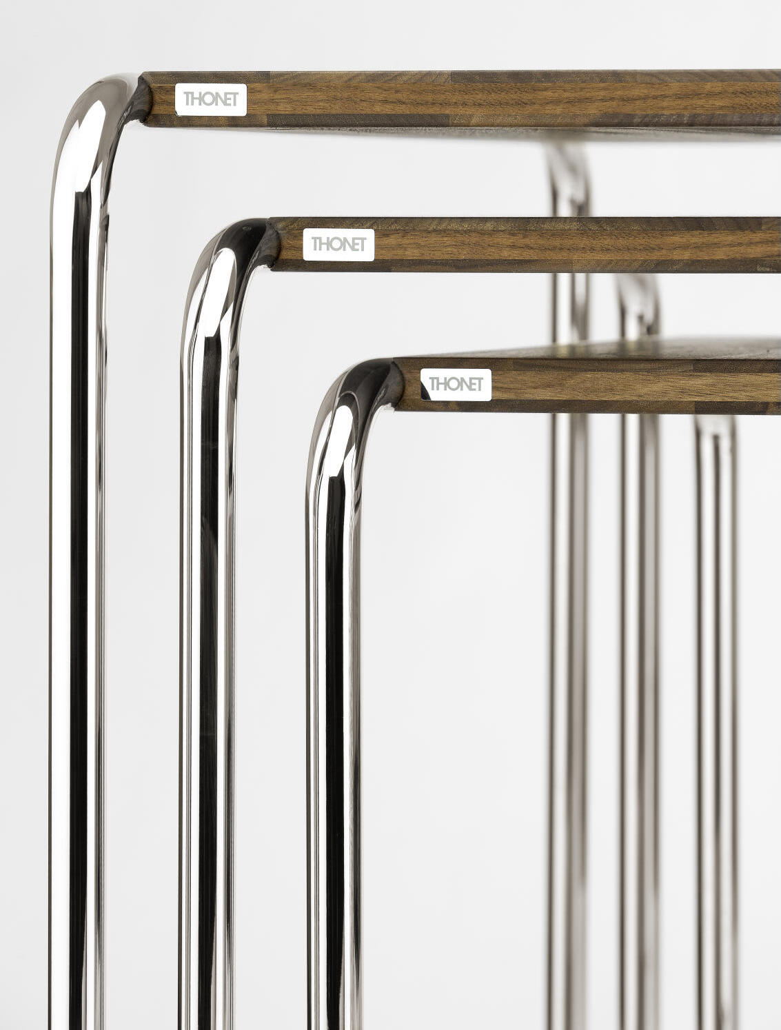 Set B 9 A+B Side Tables, Chrome-plated Frames, Beech Stained Tabletop