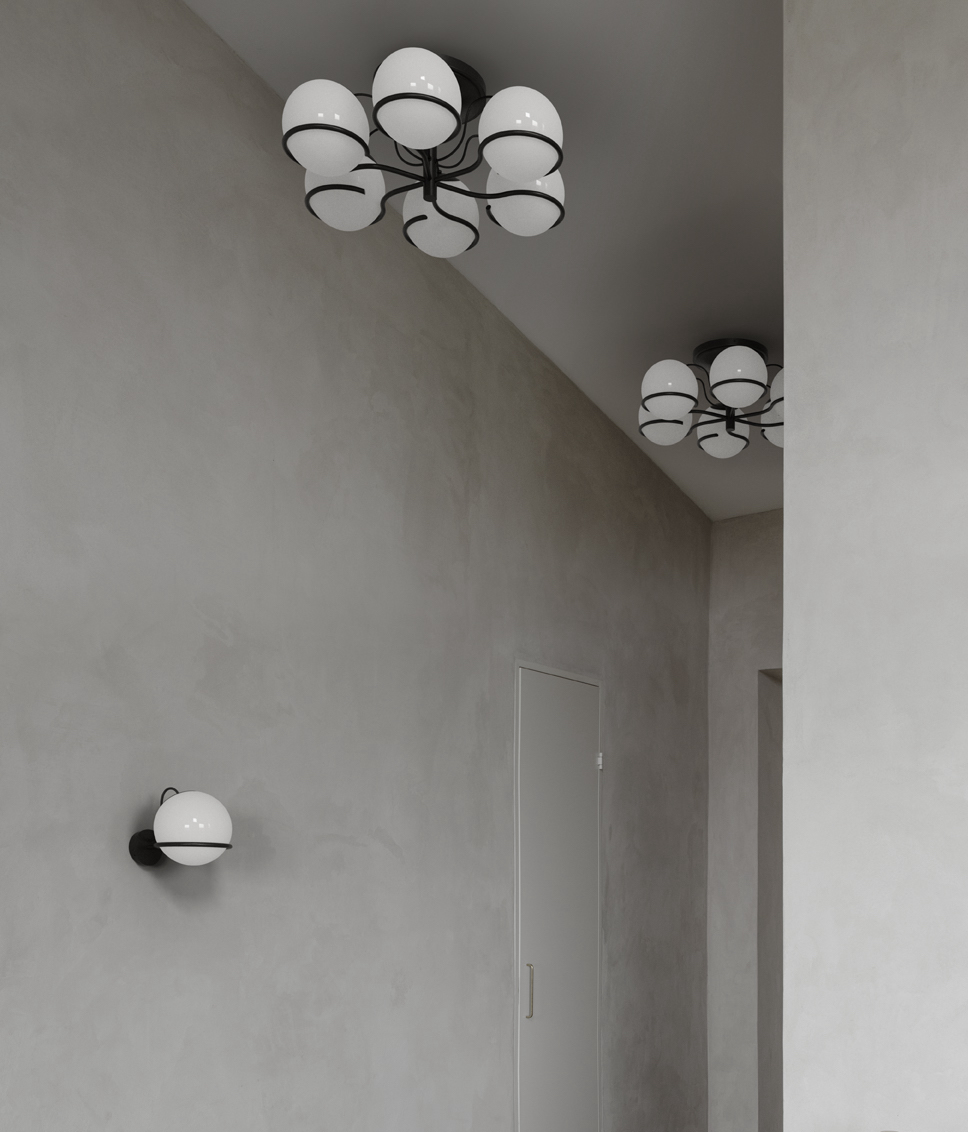 Model 2042/6 Pendant, 6 Opaline Spheres (20cm Diameter)