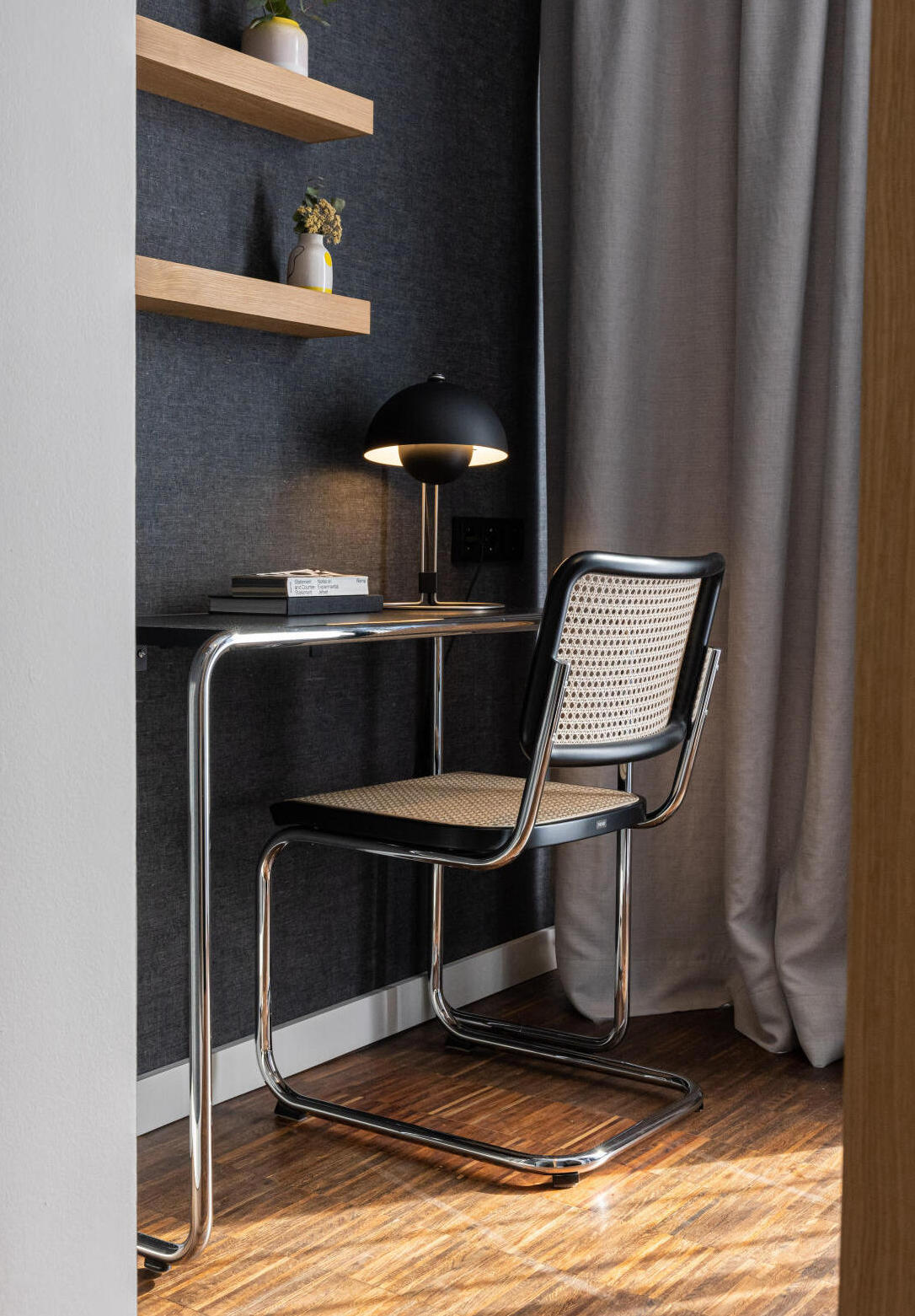 S 285/0 Writing Desk, Chrome-plated Frames, Beech Stained Tabletop