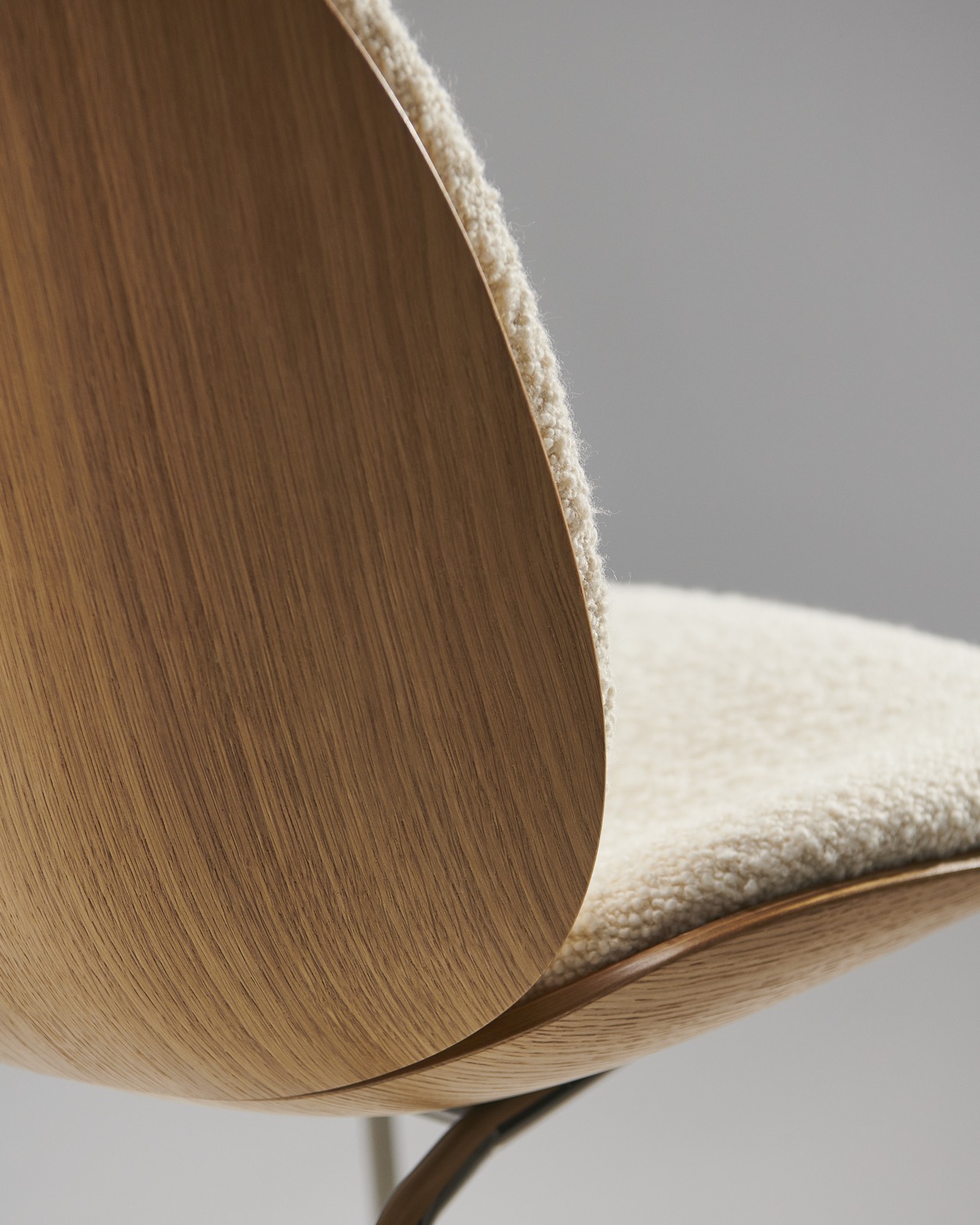 Beetle Dining Chair, Front Upholstered, Black Chrome Conic Base, Oak Semi Matt Lacquered Shell