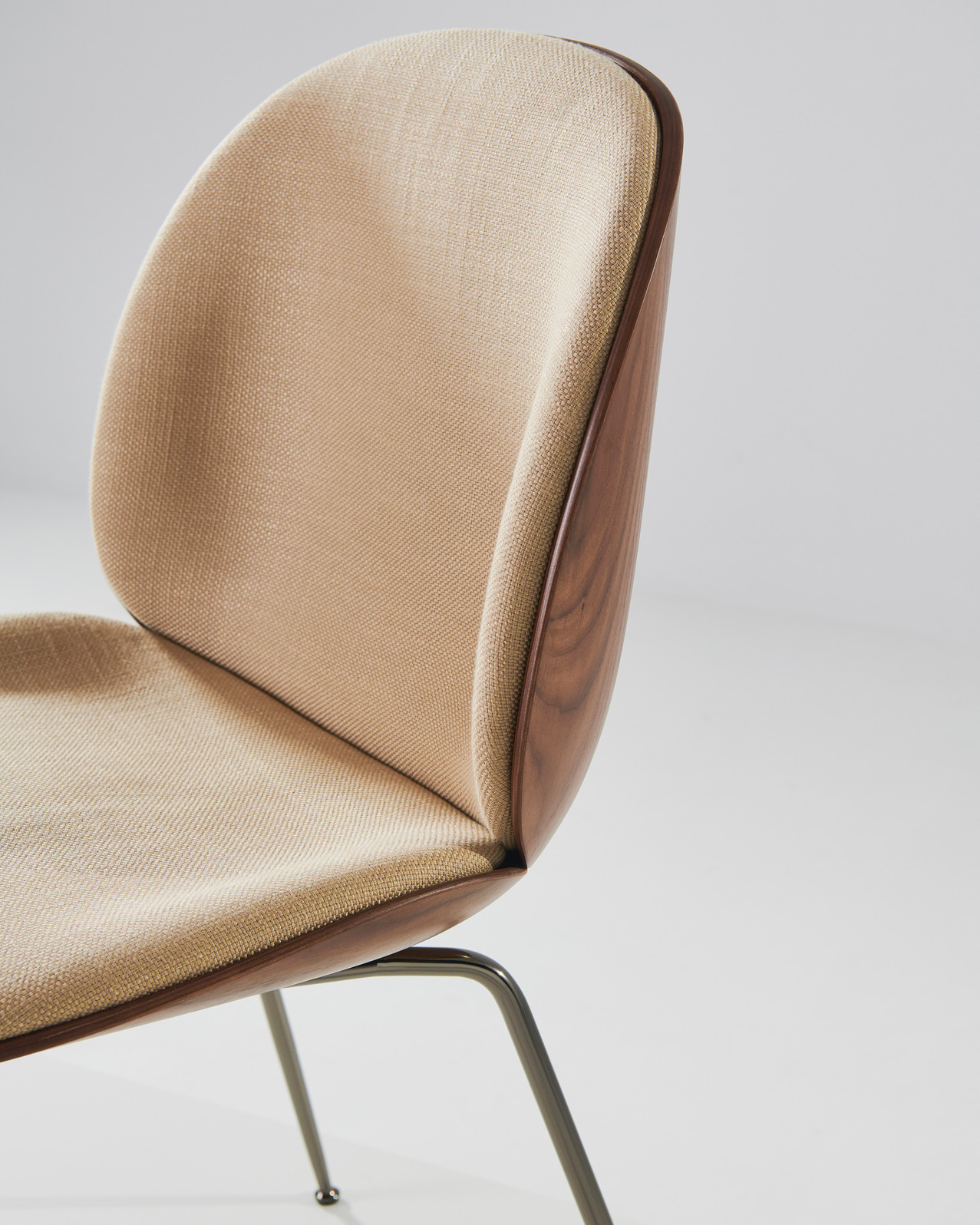 Beetle Dining Chair, Front Upholstered, Brass Semi Matt Base, Walnut Semi Matt Lacquered Shell