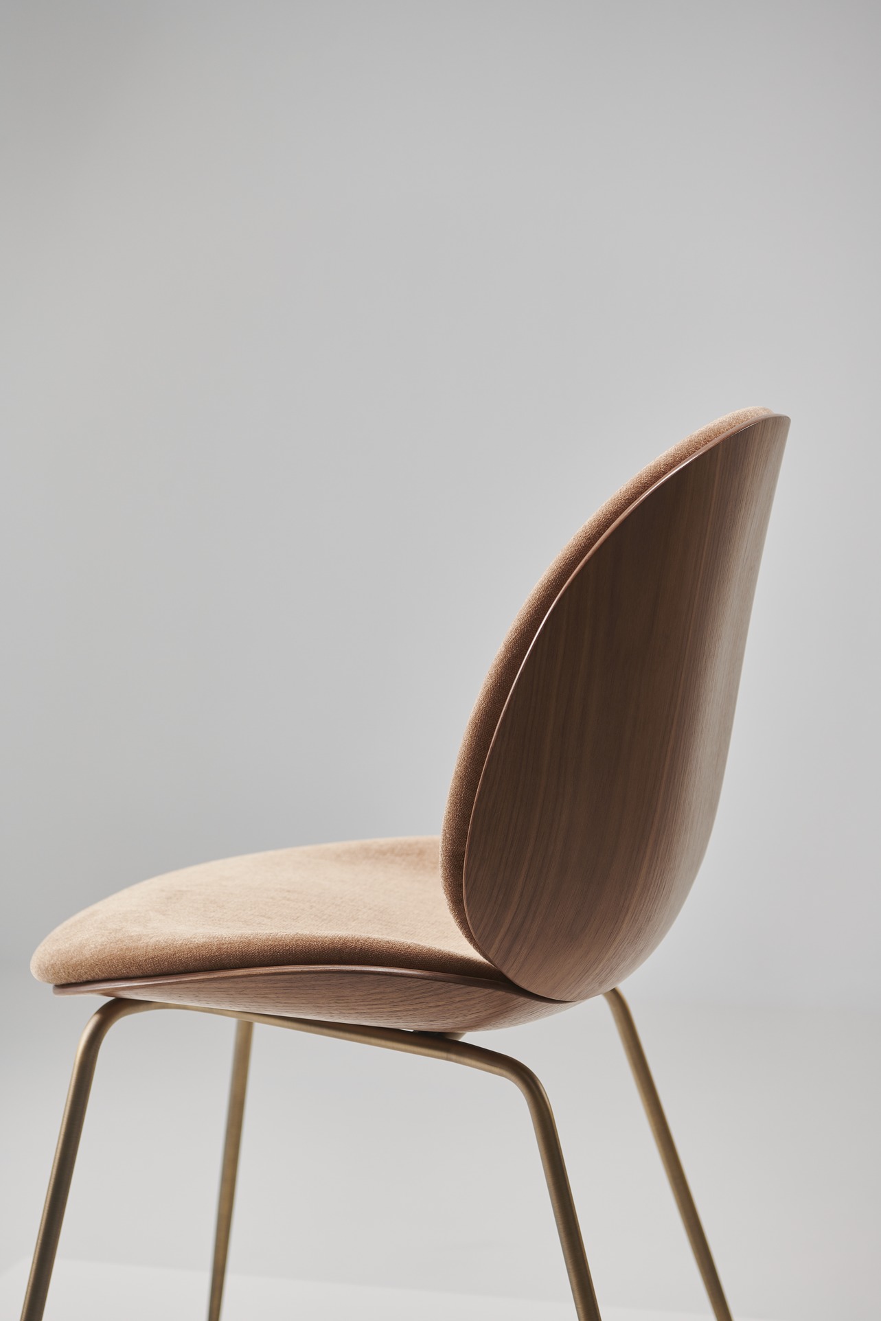 Beetle Dining Chair, Front Upholstered, Brass Semi Matt Base, Walnut Semi Matt Lacquered Shell