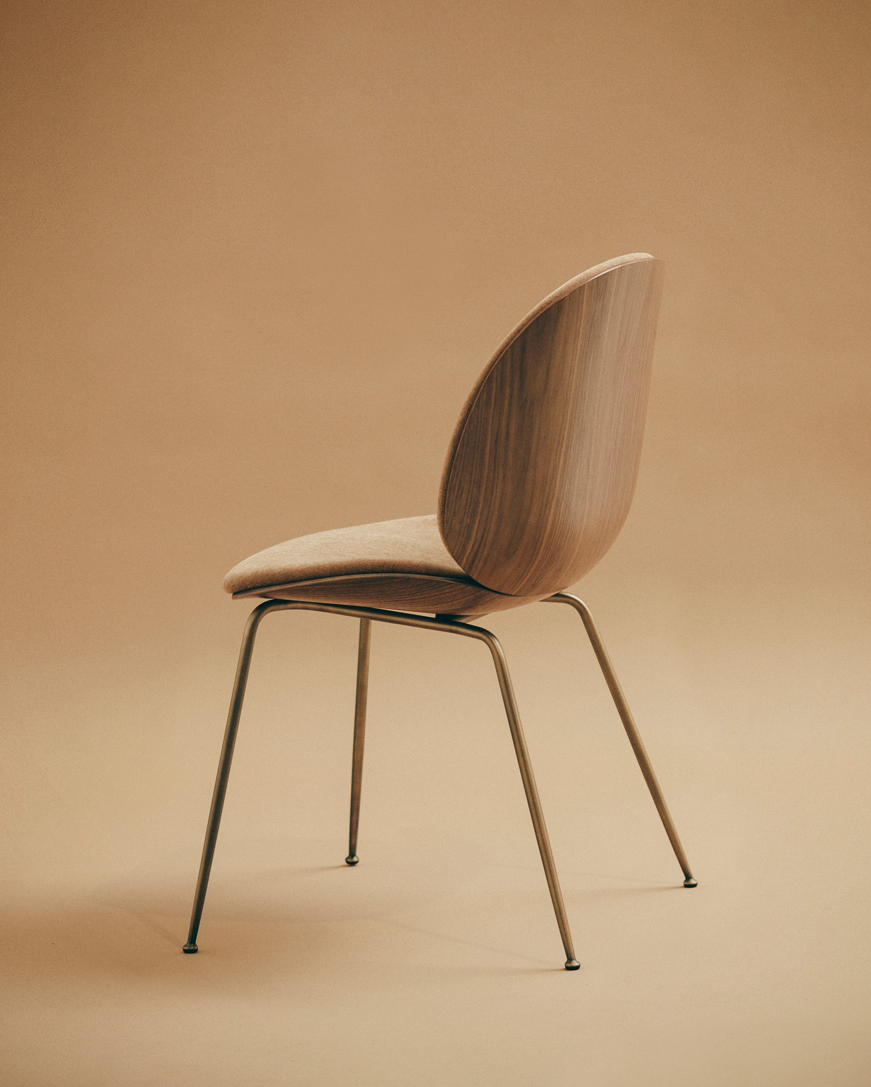 Beetle Dining Chair, Front Upholstered, Brass Semi Matt Base, Walnut Semi Matt Lacquered Shell