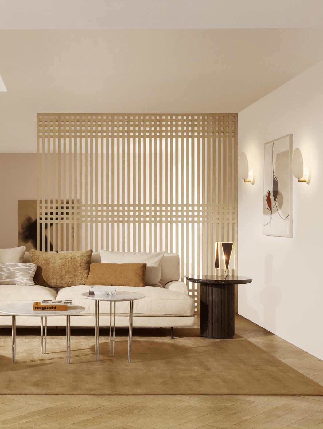 Moon Lounge Table, Ø60, Grey Emperador Marble Top, Wood Base