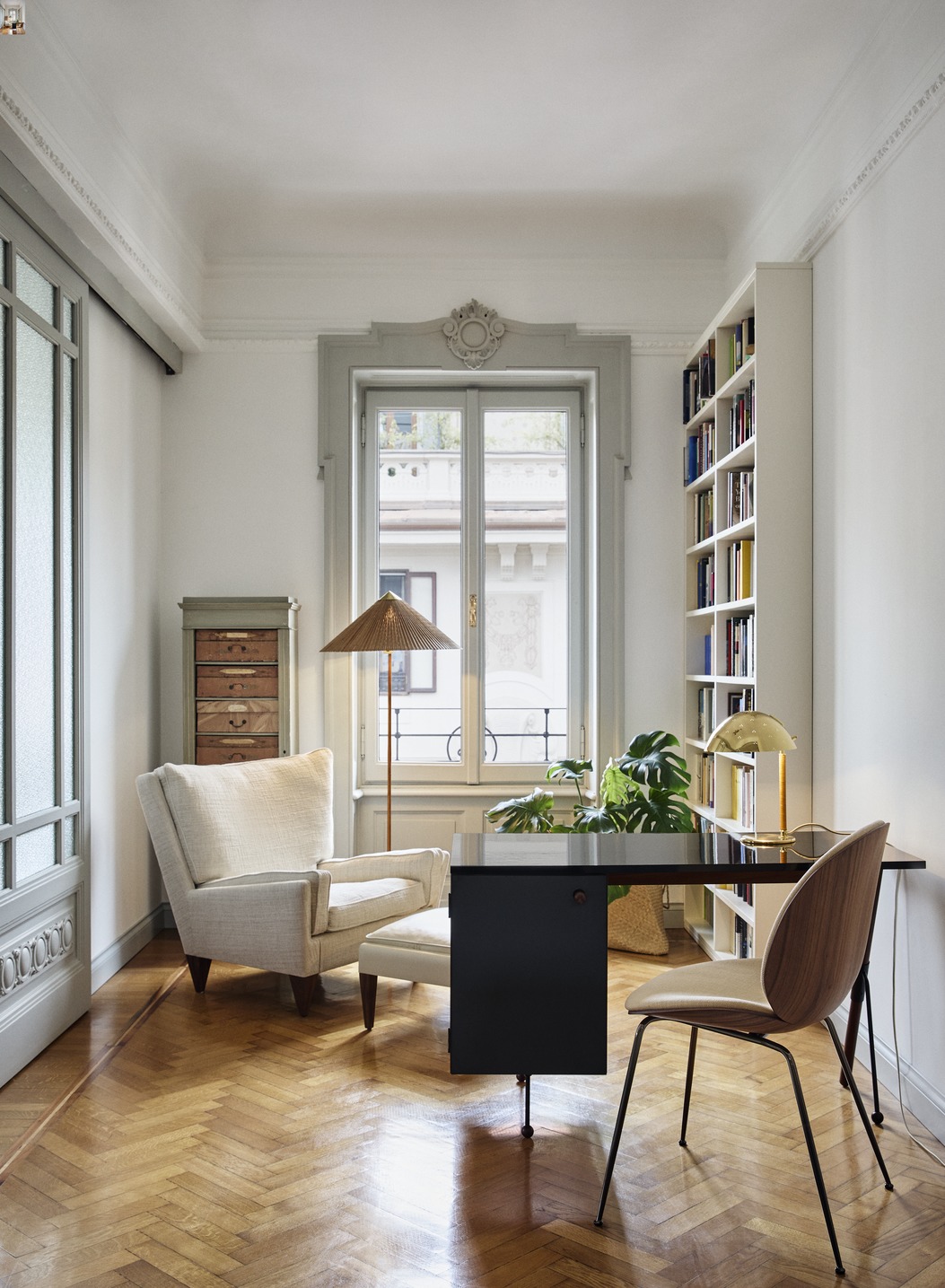 Beetle Dining Chair, Front Upholstered, Brass Semi Matt Base, Walnut Semi Matt Lacquered Shell
