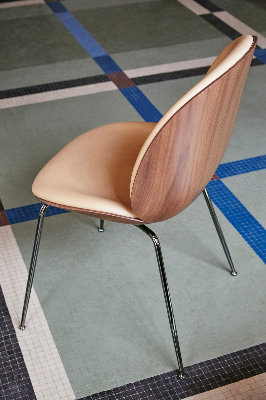 Beetle Dining Chair, Front Upholstered, Brass Semi Matt Base, Walnut Semi Matt Lacquered Shell