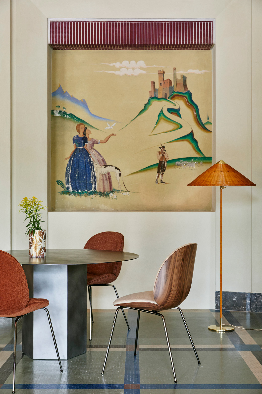 9602 Floor Lamp, Brass Base, Wicker Willow Shade