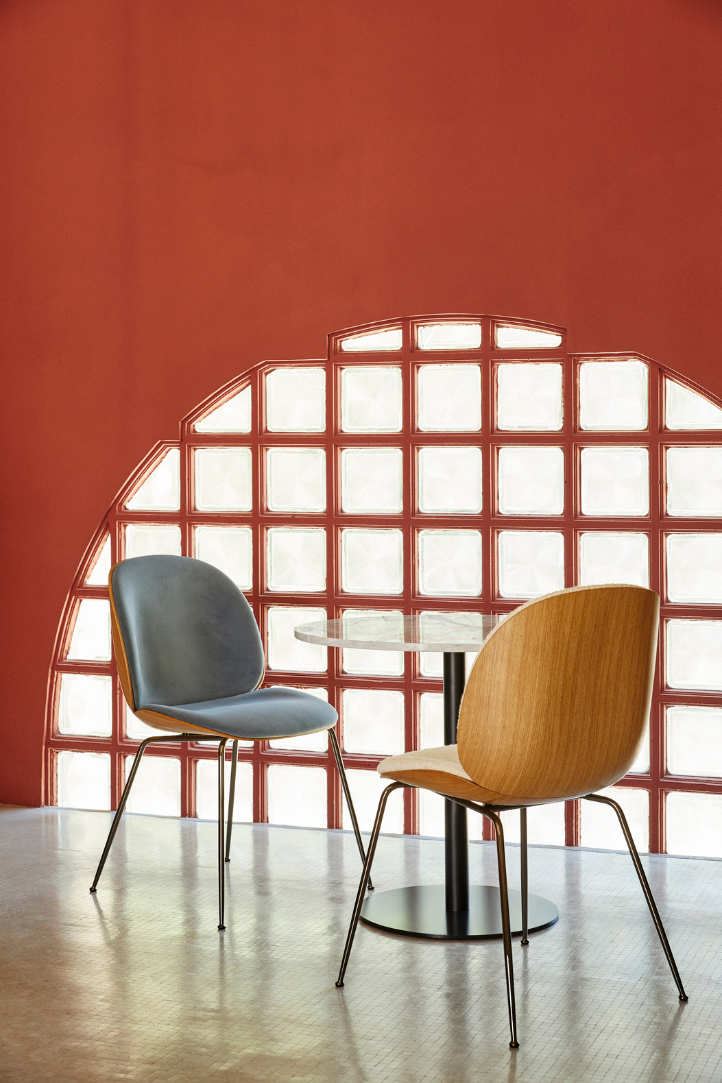 Beetle Dining Chair, Front Upholstered, Black Chrome Conic Base, Oak Semi Matt Lacquered Shell