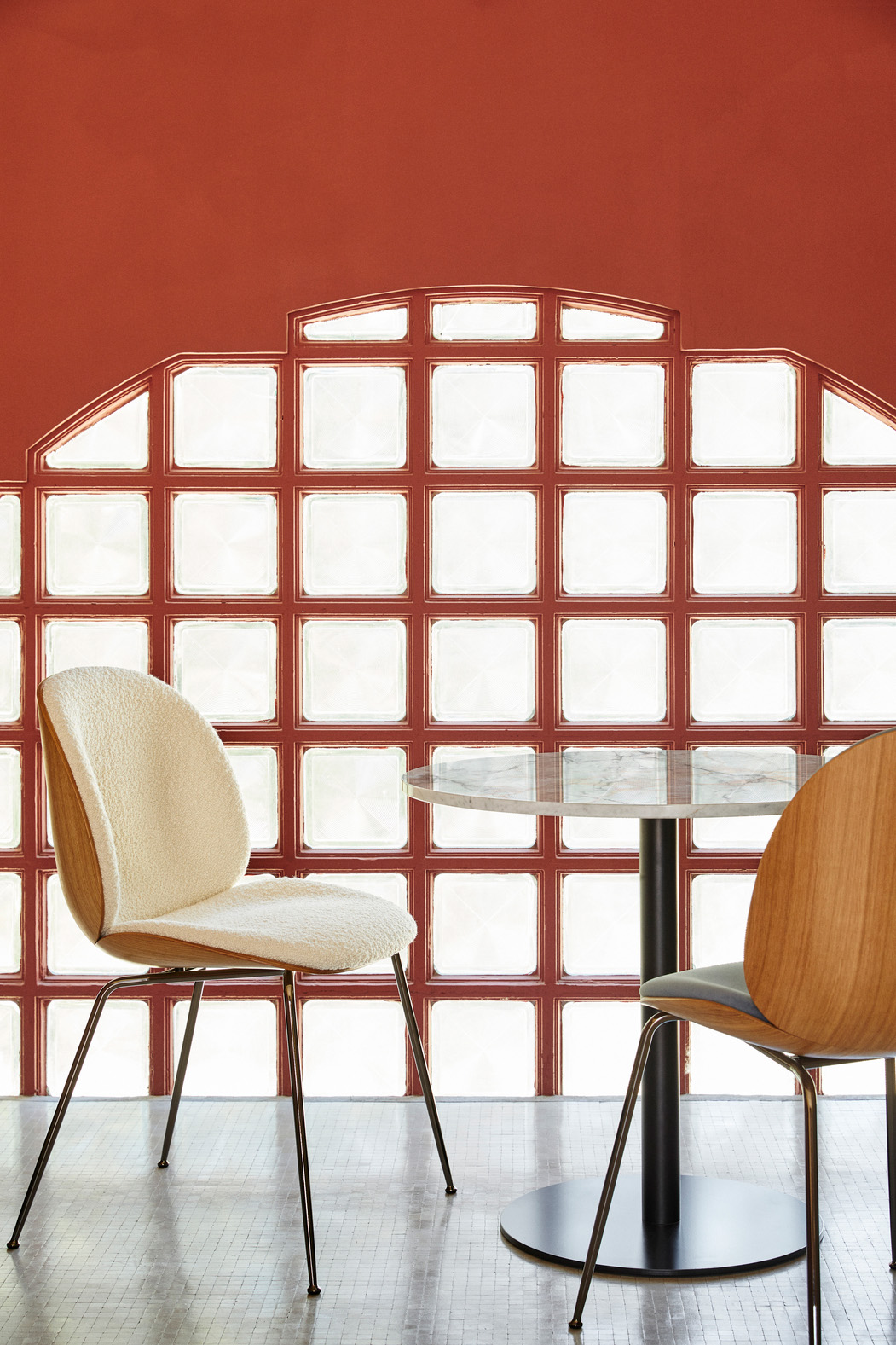 Beetle Dining Chair, Front Upholstered, Black Chrome Conic Base, Oak Semi Matt Lacquered Shell