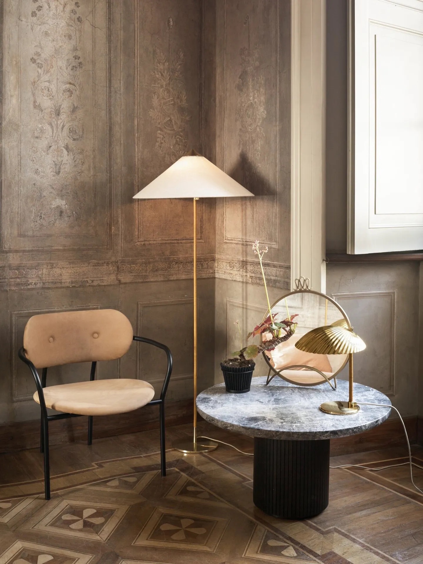 Moon Coffee Table, Ø60, Grey Emperador Marble Top, Wood Base