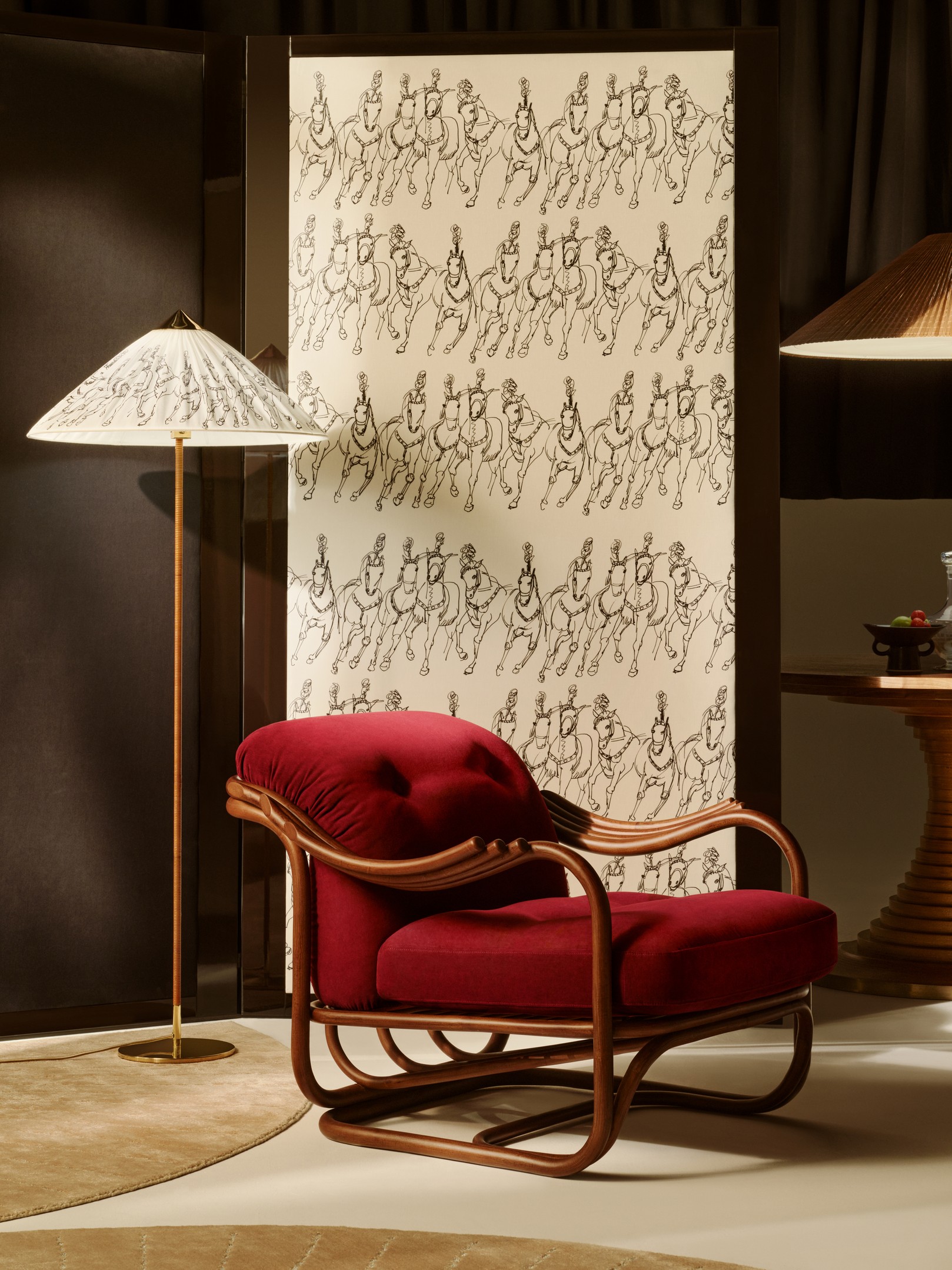 Poltrona Tria Lounge Chair - Fully Upholstered, Dark Rattan Base, Fustagno 006