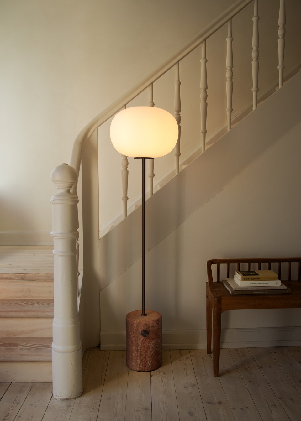 JWDA Floor Lamp, Red Travertine Stone, Bronzed Brass