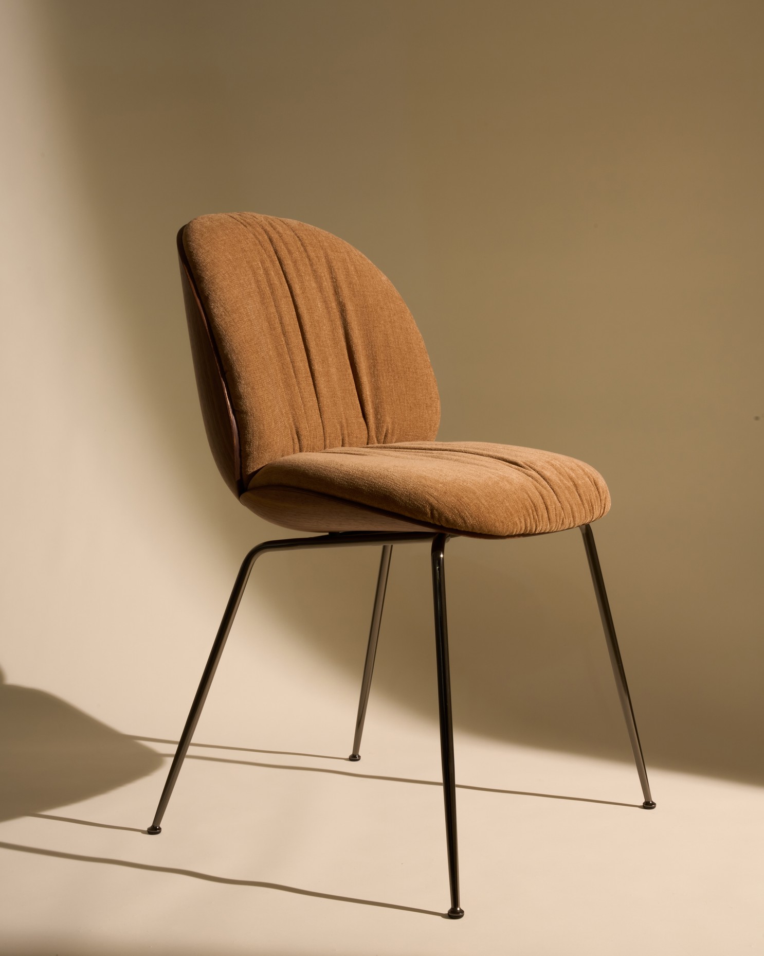 Beetle Soft Dining Chair, Front Upholstered, Black Chrome Base, American Walnut Semi Matt Lacquered